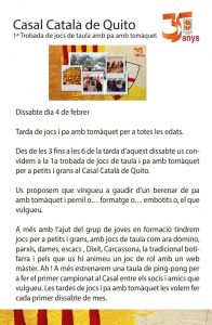 TROBADA DE JOCS DE TAULA AMB PA AMB TOMÀQUET @ CASAL CATALÀ DE QUITO